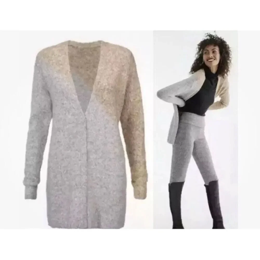 Cabi Women’s Snap Cardigan Sweater Tan/Gray Tilt Diagonal Color Block Medium  #3